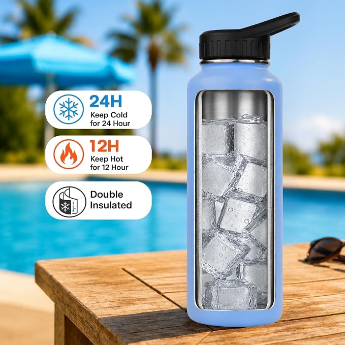 37 oz Insulated Water Bottles with Twist Cap, Keep Cold 24H, Leak-Proof, BPA-Free, Double Wall Stainless Steel Water Flask for Sports, Gym, Travel, and School (Light Blue)
