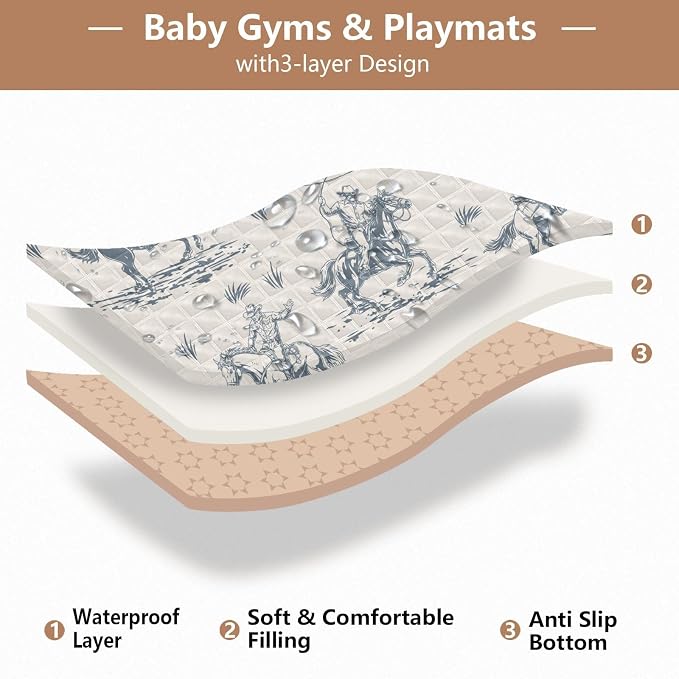 Baby Play Mat Western Cowboy Horse Retro 50" X 50" Play Gym Crawling Mat Soft Non-Slip Portable Picnic Floor Mat for Infant, Babies, Toddler, Kids