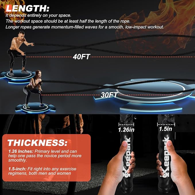 Battle Ropes for Home Gym Exercise: 1.26 Inch Diameter 30FT Length Workout Rope Exercise Rope Training Ropes with Protective Sleeve for Kids Men Women Exercise Fitness & Strength Training