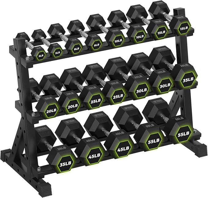 HANDBODE Dumbbell Set with Rack, Rubber Coated Fixed Dumbbells 390-790 lbs | Heavy Duty Hexagonal Weights, Non-Roll Hexagon Shape for Stability, Home Gym Strength Training Equipment