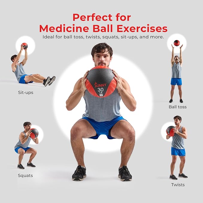 Sunny Health & Fitness 10 LB Medicine Ball with Premium Dual Textured Grip | 4-30LB Weighted Rubber Medicine Ball, Bouncing Wall Ball, Slam Ball Workouts, Throws Squats Core Strength Training
