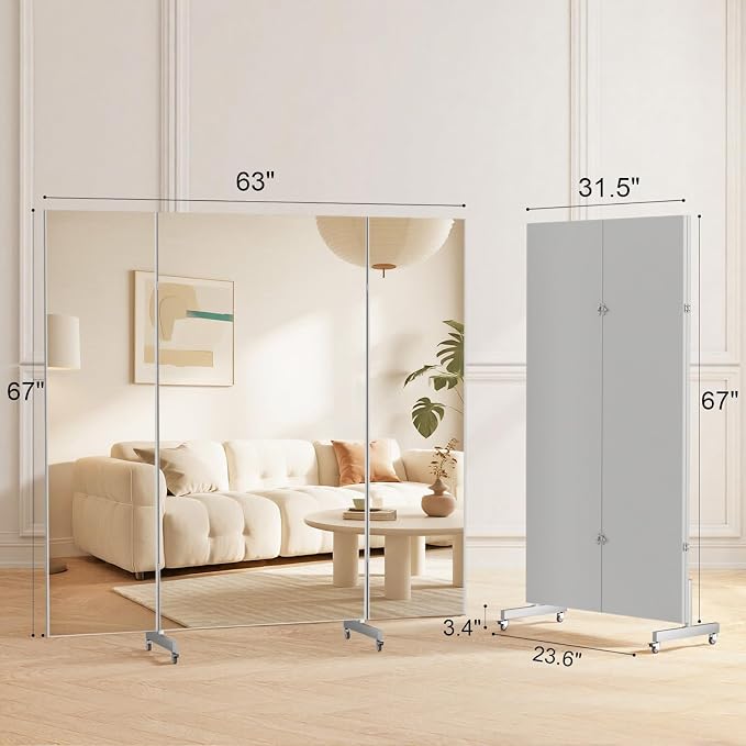 brisafe 67"x63" Folding Mirror with Wheels, 3-Panel Full Length Standing Mirror, Space-Saving, Shatterproof Nano Material, Portable Floor Mirror for Gym, Dance Studio, Home, Commercial Use, Black