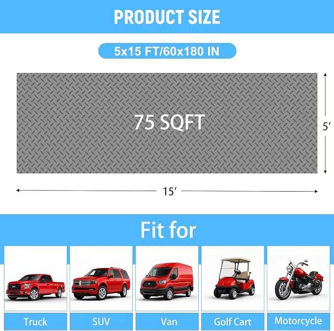 5x15 FT Garage Floor Mat, 2.8mm Thickened Diamond Plate | PVC Flooring Roll for Under Car/Golf Cart/Motorcycle, Garage Mat for Warehouse/Basement/Gyms/Trailer, Tapes Included, Gray