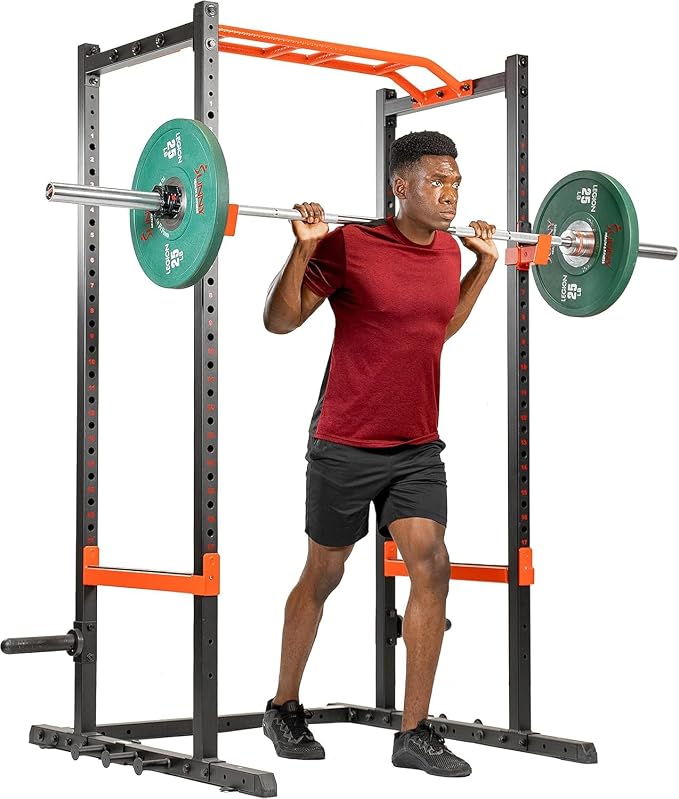 Sunny Health & Fitness Power Zone Strength Rack Power Cage - 1000 LB Weight Capacity, Spotter Bar, Angled Pull-Up Bar, J-Hooks, Resistance Band Pins, Optional LAT Pull Down