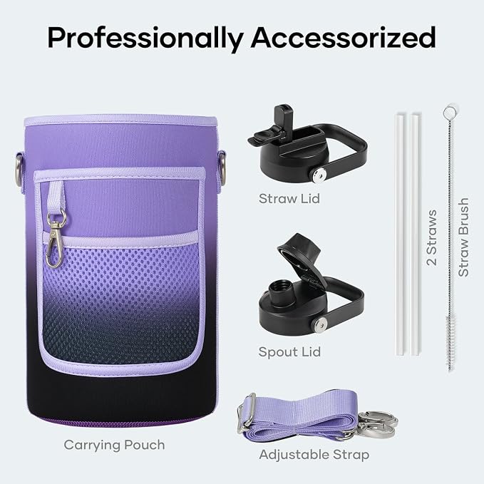 BUZIO 64oz Insulated Water Bottle with Straw Lid and Spout Cap, Stainless Steel Powder-Coat Water Flask, Keep Beverage Cold for 48 Hrs Hot for 24 Hrs Simple Thermo Canteen Mug, Purple Black