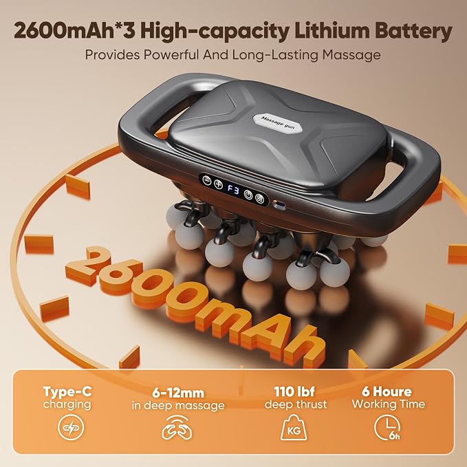 20-Head Massage Gun, 3 Modes and 30 Speed Levels | 20-head wide coverage, quiet 35 dB operation, Type-C charging, and up to 6 hours of cordless use for full-body relaxation.