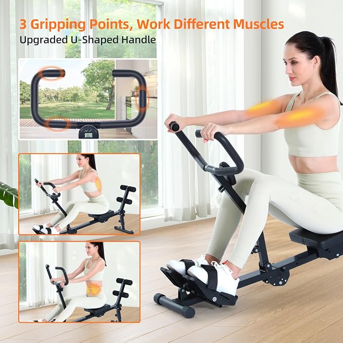Sportneer Foldable Hydraulic Rowing Machine, 12-Level Home Gym Rower, Black | Multi Functional Row Machine with Transport Casters, Backrest, and 297lbs Max Weight Load