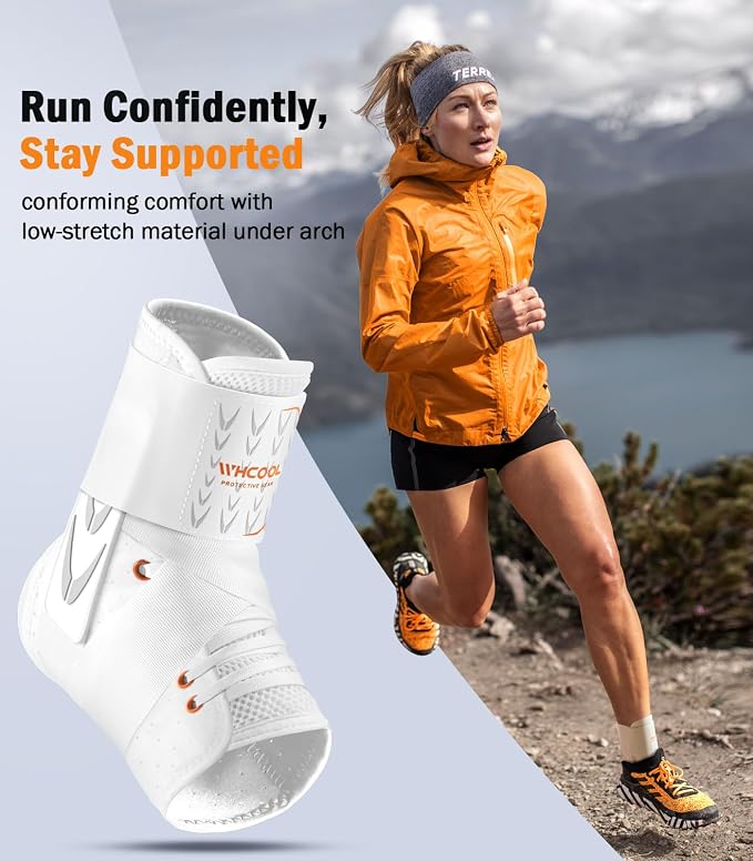 Slim-Fit Ankle Brace for Sprained Ankle, Quick Lace Up Ankle Support for Women Men with 2 Auto-Shaped Pads, Air Fabric Cool Ankle Stabilizer for Injury Recover, Running,Sports,White,M