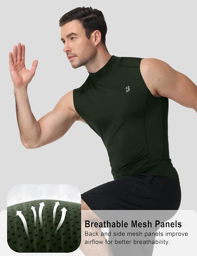 Roadbox Men's Compression Tank Top, Mock Turtleneck Sleeveless Shirt, Fitted Athletic Base Layer for Gym Workout