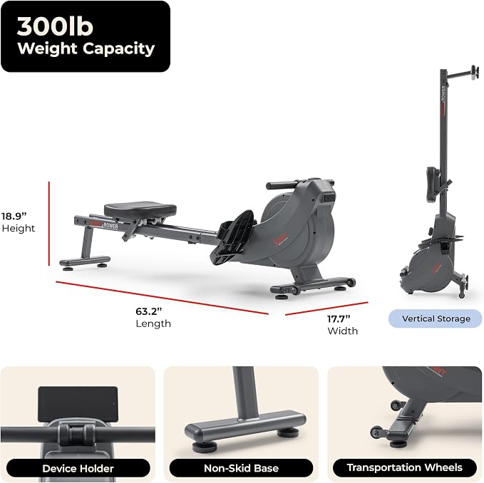 Sunny Health & Fitness Smart Magnetic Rower, Compact Quiet & Smooth Rowing Machine for Full-Body Cardio Exercise, Free SunnyFit Training App Connection
