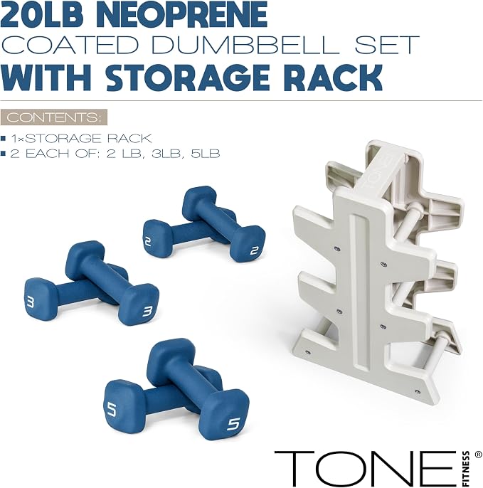 Tone Fitness Neoprene Dumbbell Set with Storage Rack – Non-Slip, Anti-Roll Hand Weights for Home Gym Workouts | 20 lb, 32 lb, 50 lb, 60 lb & 100 lb Options