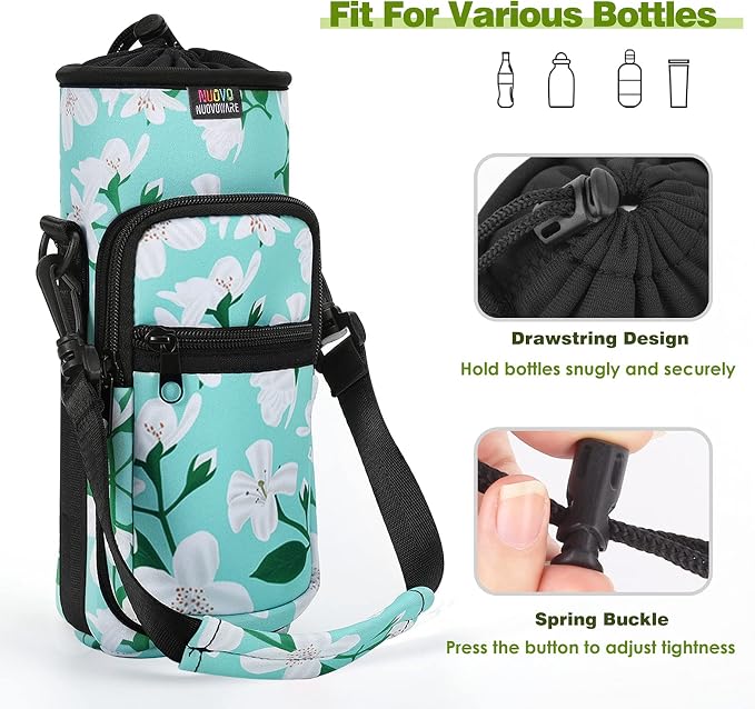 Nuovoware Water Bottle Carrier Bag, 25oz/32oz Bottle Pouch Holder, Adjustable Shoulder Hand Strap 2 Pocket Sling Neoprene Sleeve Sports Water Bottle Accessories for Gym Hiking Travelling, Green Lily | Adjustable Shoulder Hand Strap, 2 Pocket, Neoprene ...