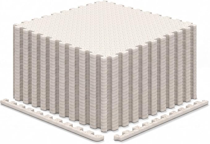 Tangkula 24 Tiles Exercise Flooring Mats with Border, Non-Slip EVA Foam Protective Mats, Elastic Puzzle Play Mats, 1/2" Interlocking Floor Mats for Home Gym, Fitness Room (Beige)