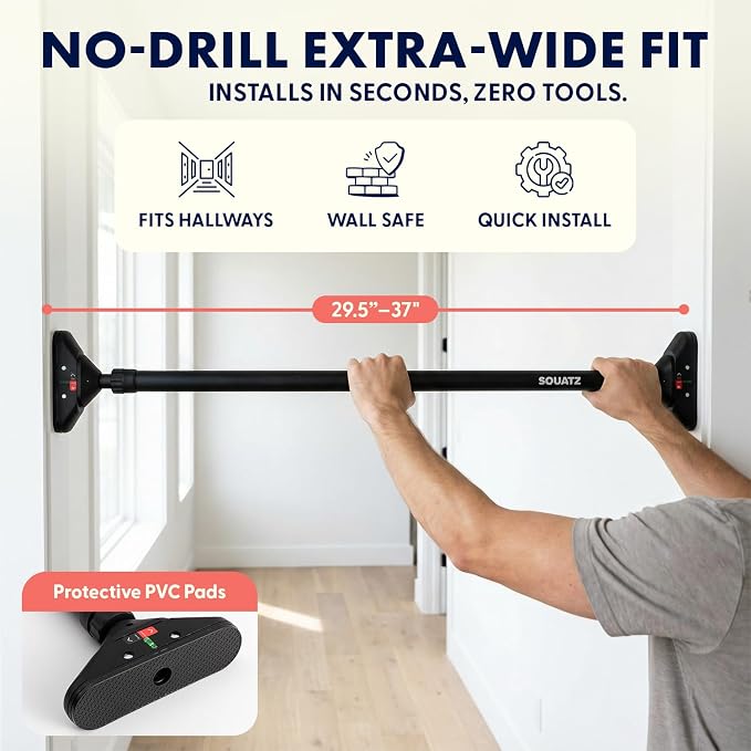 Squatz Doorway Pull Up Bar, Adjustable Door Frame Pull Up Bar with Level Meter, Locking Mechanism & Foam Grips, No Drill Chin Up Bar for Door Frame, Portable Design for Home Workouts