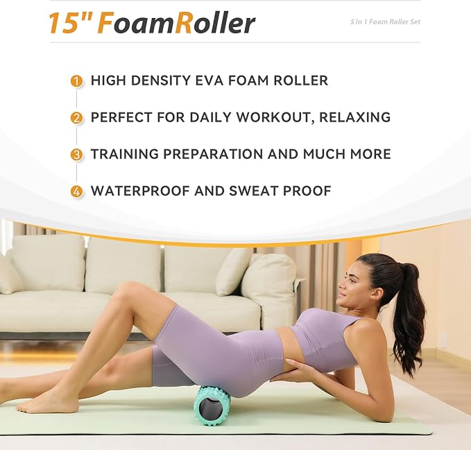 5 in1 Foam Roller Set High Density 15" Foam Roller for Muscle Recovery | Deep Tissue Muscle Massage Foam Roller for Exercise, Massage Roller, Massage Ball, Stretching Strap, for Whole Body Aqua