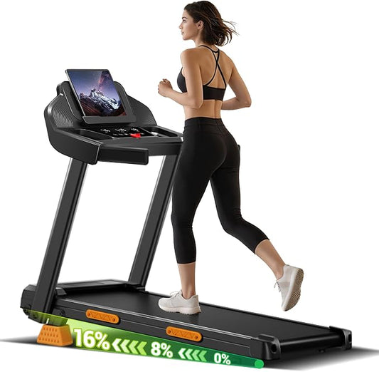 CURSOR FITNESS 16% Incline Treadmills for Home Small with 3 LED Displays, 3.0HP Foldable Walking Pad Treadmill Up to 400LBS Capacity, Portable Treadmill 0.6-7.0MPH