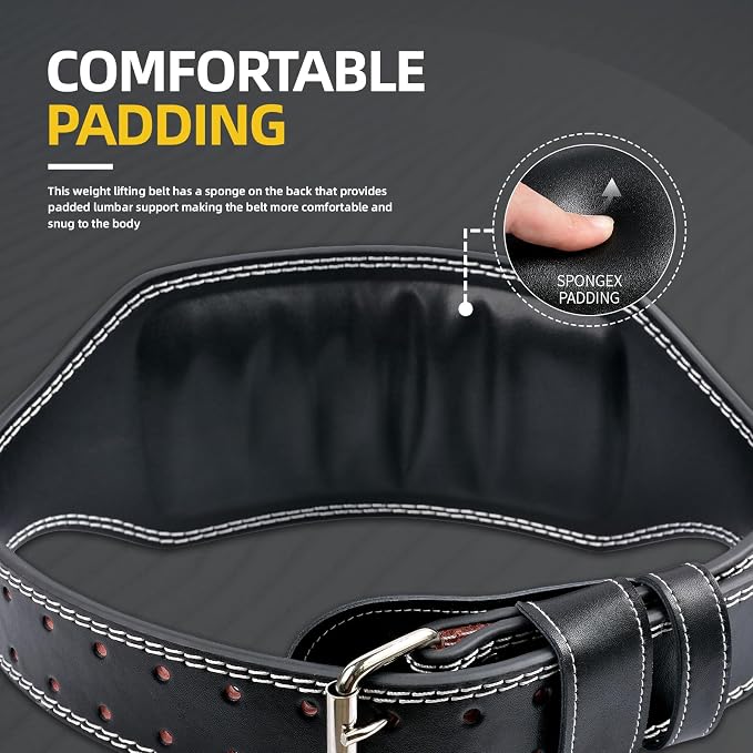 Genuine Leather Weight Lifting Belt, 4”& 6” Padded Lumbar Back Support, 10 Adjustable Holes, Gym Weight Belt Ideal for Deadlift, Powerlifting, Bodybuilding and Squat