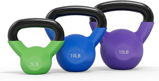 Mikolo Neoprene Coated Cast Iron Kettlebells 5-30LB Set, Solid Weight Set with Wide Grip Handle and Flat Bottom, Ideal for Full Body Strength Training at Home Gym