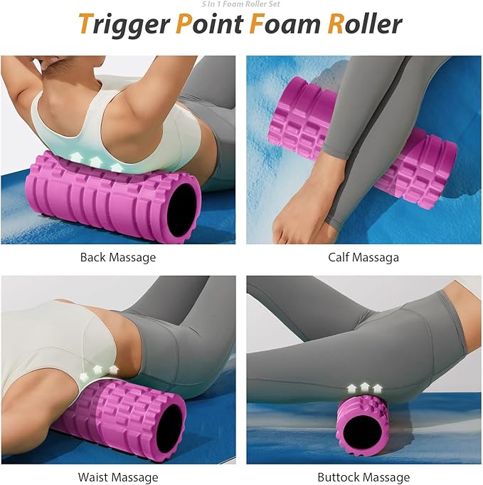 SUBCULTUREPICK 5 in 1 Foam Roller Set for Deep Tissue Muscle Massage | High Density Fitness Exercise Foam Roller, Muscle Roller, Massage Ball, Resistance Band, for Whole Body Physical Therapy Pink