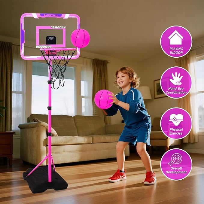 Kids Basketball Hoop, Adjustable Height Toddler Basketball Hoop Stand, Indoor Outdoor Basketball Goal Toy for Boys Girls Ages 3~8 Years Old, Includes 3 Balls, Ideal for Birthday Gift
