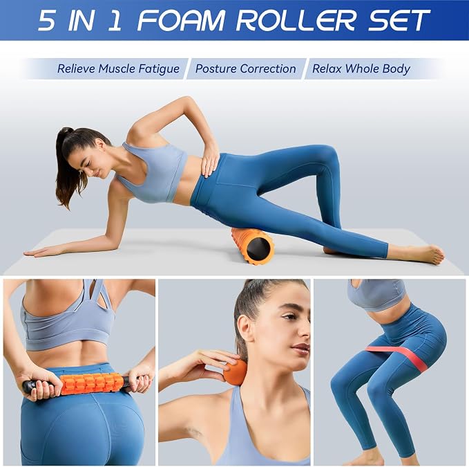 Krightlink 5-in-1 18" Foam Roller Set for Deep Muscle Massage | Foam Roller Back Roller for Fitness Relieves Muscle Pain Myofascial Trigger Point Release Pilates, Yoga (Orange)
