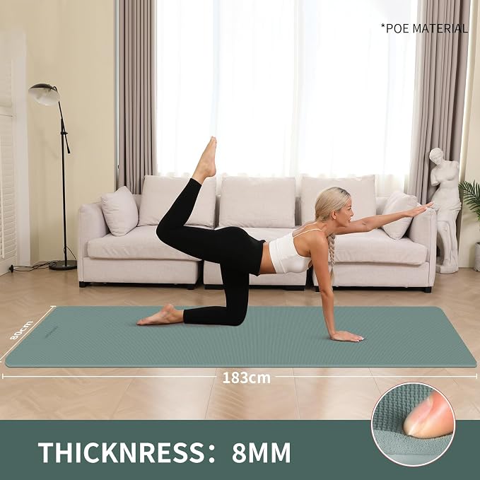 Extra Wide & Thick 8mm Yoga Mat, 72"x31.5" | Large Non Slip Exercise Mat, Premium POE Material, Superior Cushioning & Stability, With Strap for Home Gym, Pilates