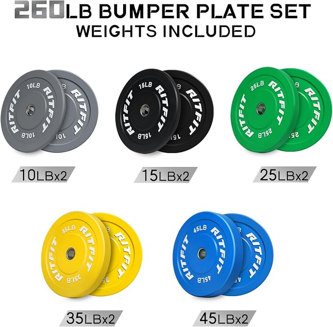 RitFit Color Coded Bumper Plate, Olympic Bumper Plate for Barbell, 2-Inch Bumper Weight Plates With Steel Insert, rubber weight plates for Strength Training in Home Gym