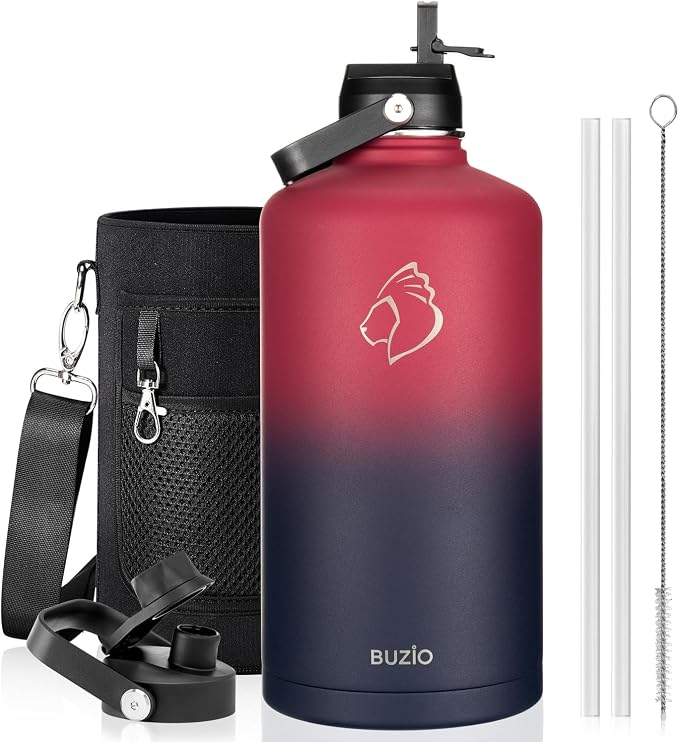 BUZIO 1 Gallon Water Bottle Insulated with Dust-Proof Straw & Spout Lids | 128 oz Large Water Jug 18/8 Stainless Steel Triple Wall (Keep Cold 48Hrs/Hot 24 Hrs), Dishwasher Safe, Sweat-Proof, Black