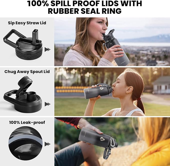 RAYMYLO Insulated Water Bottle 32 oz, Triple Wall Vacuum Stainless Steel (Cold for 24Hrs, Hot for 12Hrs), Leak Proof & Non-BPA, Modern Water Flask Jug with Paracord Handle & Straw Spout Lids | (Cold for 24Hrs, Hot for 12Hrs), Leak Proof & Non-BPA, Mode...