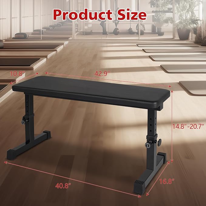Flat Weight Bench, Utility Workout Adjustable Height Weight Bench Press with Thick Cushion & Anti-slip Foot Pads, Compact Strength Training for Exercise & Fitness, Home/Gym Easy Assembly