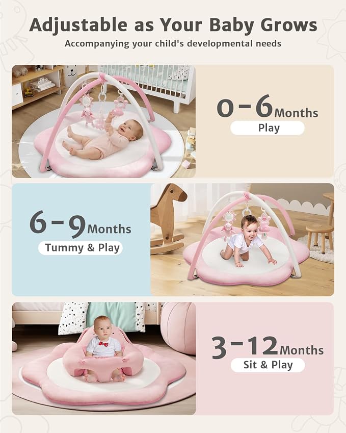 suihuooo 3-in-1 Baby Play Mat, Baby Seats for Infants for Sitting Up, Tummy Time Mat with 5 Detachable Toys, Activity Gym & Playmats for Babies 0-6 6-12 Months, Newborn Babies Shower Gifts
