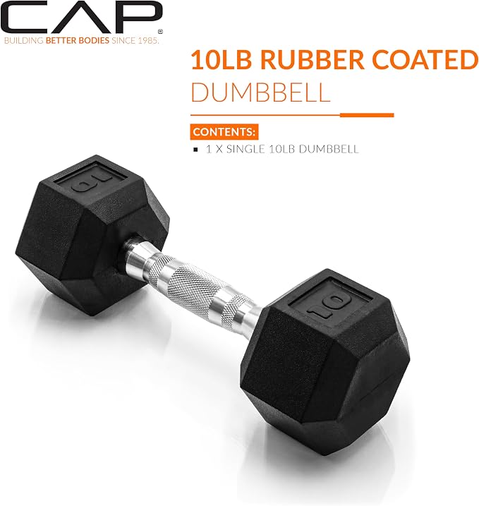 CAP Rubber Coated Dumbbell Weights, Free Weights for Home Gym Strength Training, Anti-Roll Hex Dumbbells with Black, Chrome & Comfort Grip Handles, Singles
