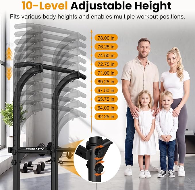 DERACY Pull Up Bar Free Standing, Power Tower with Pull Up Assistance Bands, Adjustable Height Pull Up Dip Station, Dip Bars for Home Gym Strength Training, Push Up Bar