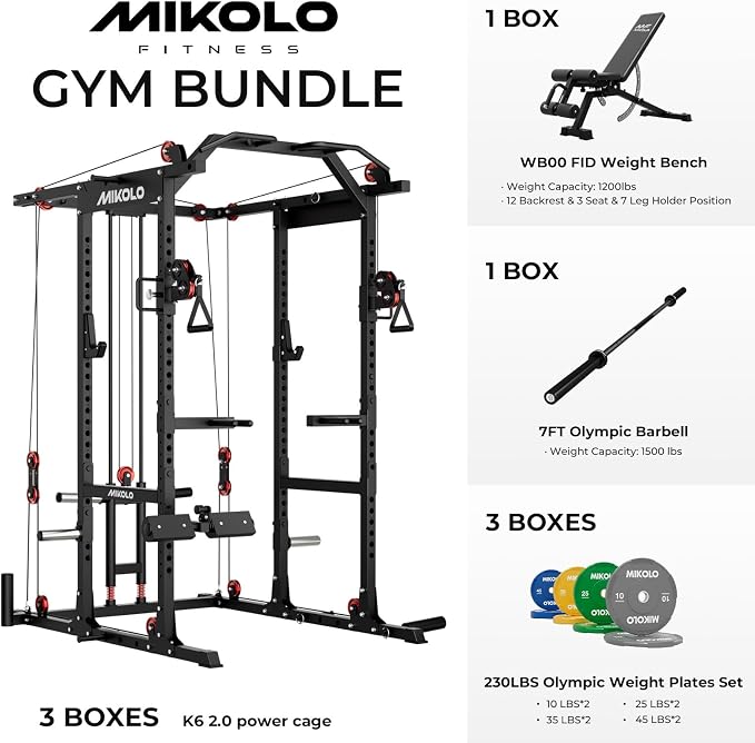 Mikolo K6 2.0 Power Cage, Power Rack with Cable Crossover System, 2000LBS Squat Rack with LAT Pull Down System, Functional Trainer with Aluminum Pulley System for Home Gym