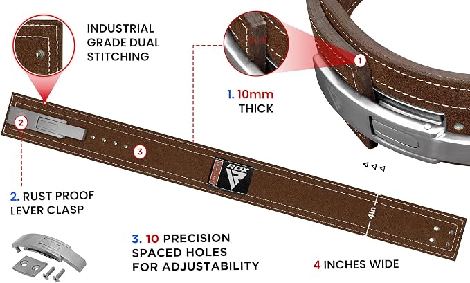 RDX Weight Lifting Belt Powerlifting, Approved By IPL and USPA, 10mm Thick 4" Leather Lumbar Back Support, Lever Buckle Gym Strength Training Equipment, Bodybuilding Deadlifts Squats Workout Men Women