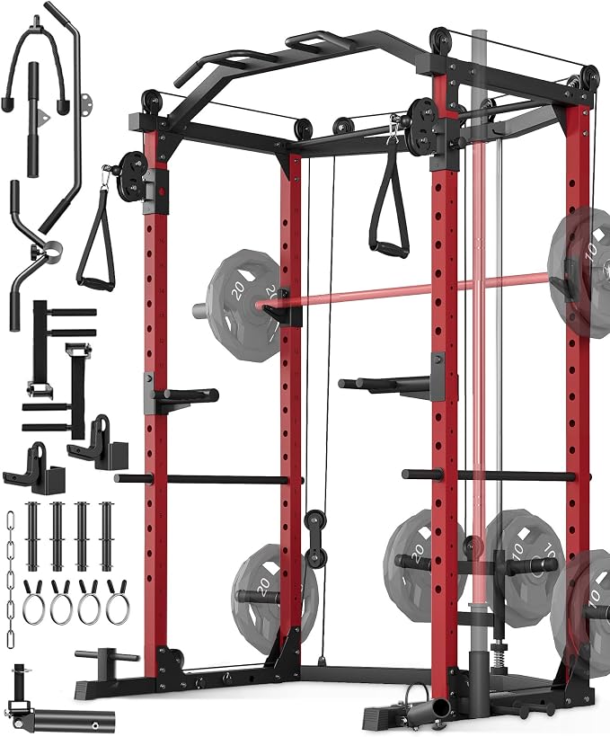 Garvee Power Cage with Cable Crossover System, Power Rack for Home Gym | 1600 Lb Capacity, Carbon Steel Squat Machine with LAT Pulldown Pulley System, J-Hooks, Dip Handles, Landmine Attachment