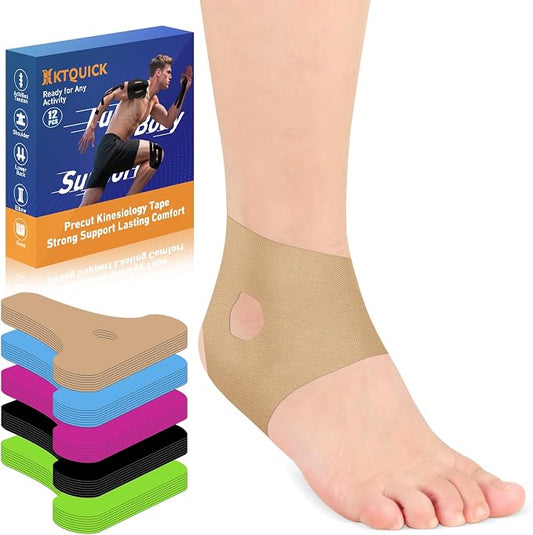 KTQUICK Precut Kinesiology Tape for Ankle,12 Ct,20% Stronger Adhesive,Beige | Precut Ankle Support Tape with Premium Cotton, Breathable, Waterproof Athletic Tape for Running, Training & Hiking