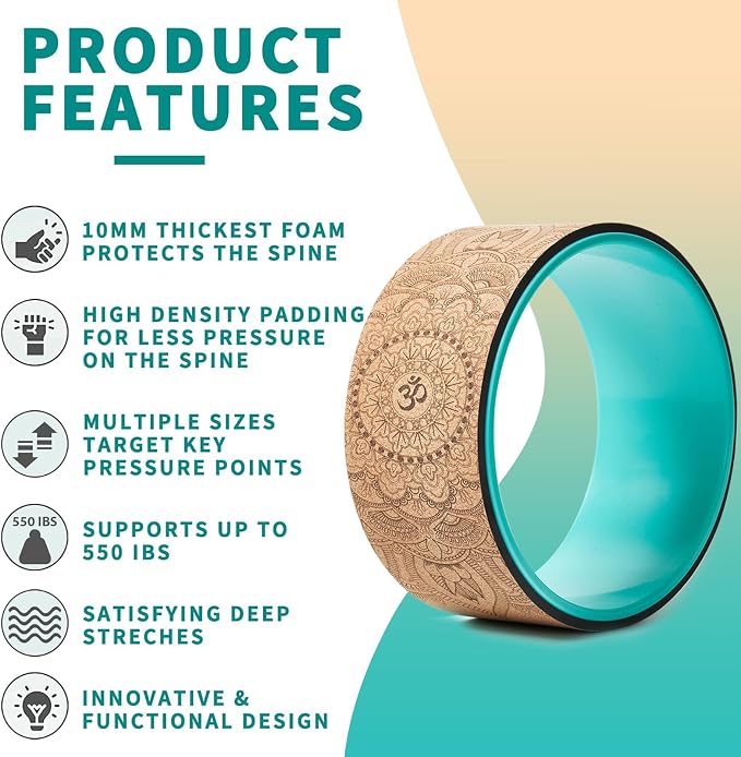 Cork Roller, Yoga Wheel, Upgraded Back Wheels for Pain Relief & Stretching | Strongest Back Roller for Deep Tissue Massage, Improving Yoga Poses Backbend