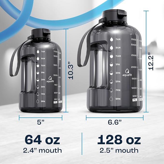AQUAFIT Half Gallon Water Bottle with Time Marker | BPA Free Half Gallon Water Bottle with Straw and Chug Lids - Leakproof Gym Water Bottle with Carry Handle (Blue)