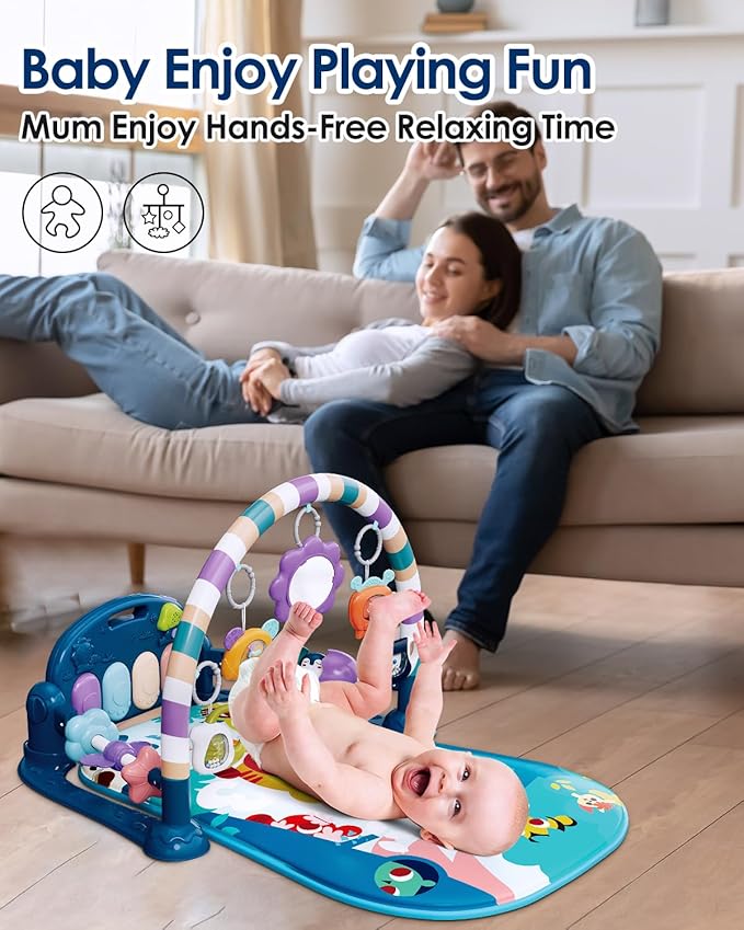 dearlomum Blue Tiger Theme Baby Play Mat Gym with Kick & Play Piano | Tummy Time Activity Mat with 5 Infant Sensory Toys, Music and Lights, Boy & Girl Gifts for Newborns 0 to 3 6 9 12 Months