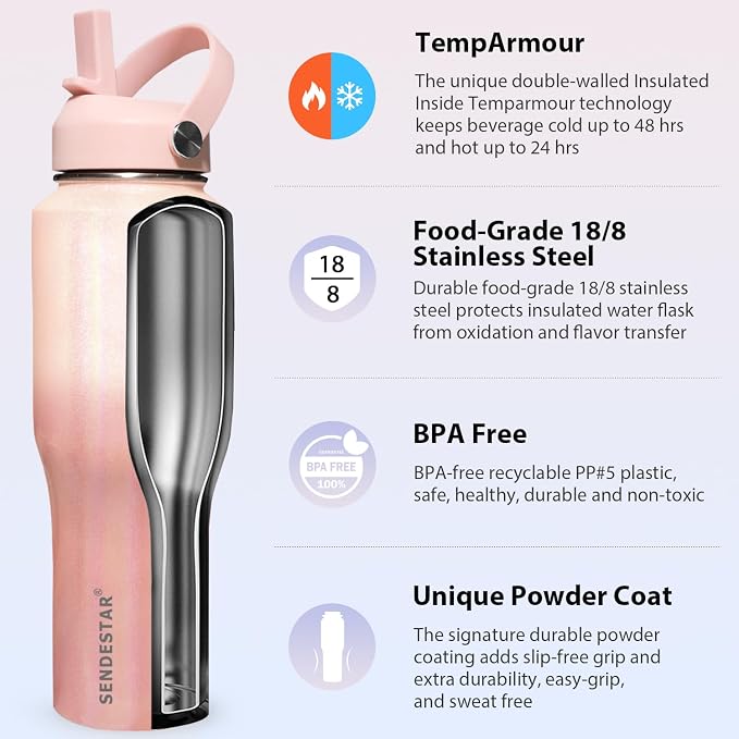 SENDESTAR 40oz Stainless Steel Water Bottle(Cold for 48 Hrs, Hot for 24 Hrs),Double Wall Vacuum Insulated Bottle with Straw Lid, Spout Lid and Flex Cap, Fit in Any Car Cup Holder