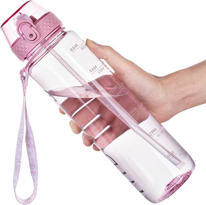 GOPPUS 32oz Clear Water Bottle with Straw & Time Marker, BPA-Free Tritan Leakproof Sports Water Bottle, Wide Mouth for Gym, Travel, Hiking, School & Office