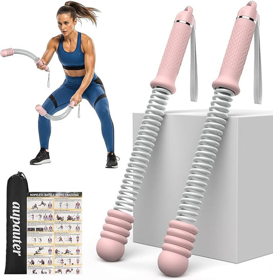 2 Pcs Weighted Cordless Battle Ropes, Portable Ropeless Exercise Rope with Non-Slip Handle, Low-Noise Adjustable Resistance for Home Gym, HIIT & Low-Impact Cardio Strength Training (Pink)