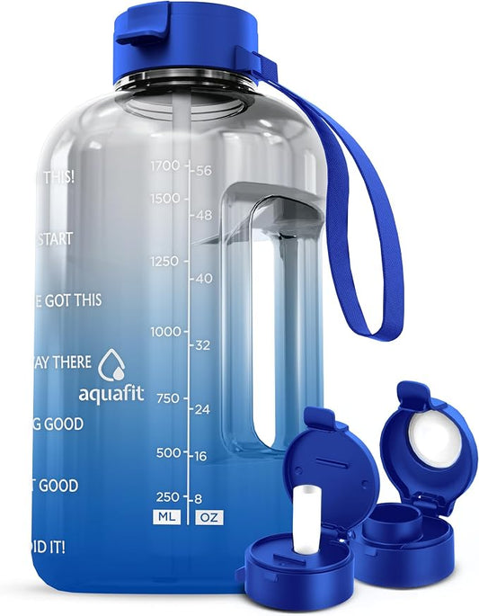 AQUAFIT Half Gallon Water Bottle with Motivational Quotes | BPA Free 64 oz Water Bottle with Straw and Chug Lids - Leakproof Gym Water Bottle with Carry Handle (Blue Skies)