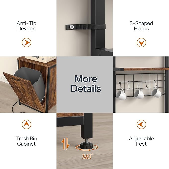 HOOBRO Bakers Rack with Power Outlet, Microwave Stand with Trash Can Storage, 3-Tier Coffee Bar Table with Storage Shelf for Kitchen, Dining Room, Living Room, Rustic Brown and Black BF22UHB01G1