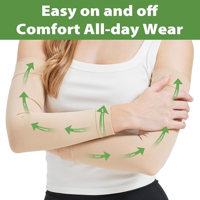 Compression Lymphedema Arm Sleeves for Women, 20-30 mmHg Full Arm Support for Swelling Recovery Circulation