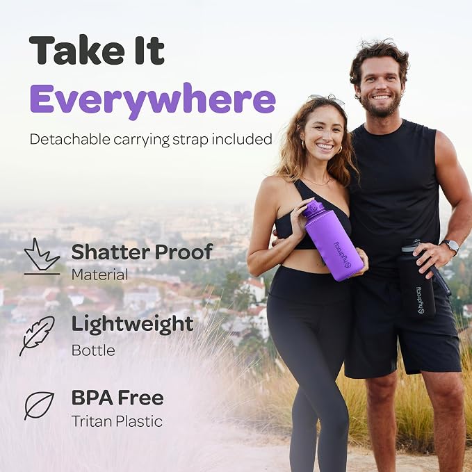 Hydracy 2L Large Water Bottle, Shatterproof, BPA Free Tritan Plastic, Leakproof, Zero Condensation, With Detachable Carry Strap, Spillproof Lid, Convenient Silicon Spout, Recommended for Gym, Yoga | Leakproof,BPA Free,No Sweat Neoprene Sleeve,Carry Str...