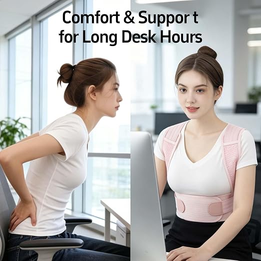 Posture Corrector for Women and Men Full Back Support Brace Adjustable Breathable Full Back Shoulder Straightener for Scoliosis (Pink, Small)