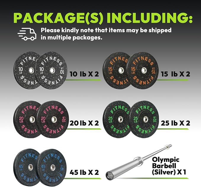 HANDBODE Olympic Barbell Set, 2-Inch Bumper Plates with Weight Plate Rack | Colored Crumb Rubber Weight Plates for Weight Lifting & Strength Training, 90–530 lb Set with 45 LB (20 kg) Olympic Barbell