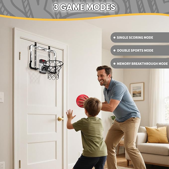 QDRAGON Mini Basketball Hoop with Scoreboard & 7 LED Lighting | Over The Door Indoor, with 3 Balls/Inflator/Breakaway Rim, Basketball Toy Gifts for Kids Adults, Suit for Bedroom/Office